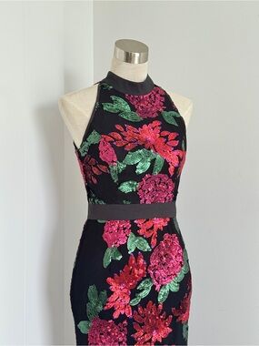 Black Halter Floral Sequin Evening Dress - Pink & Green